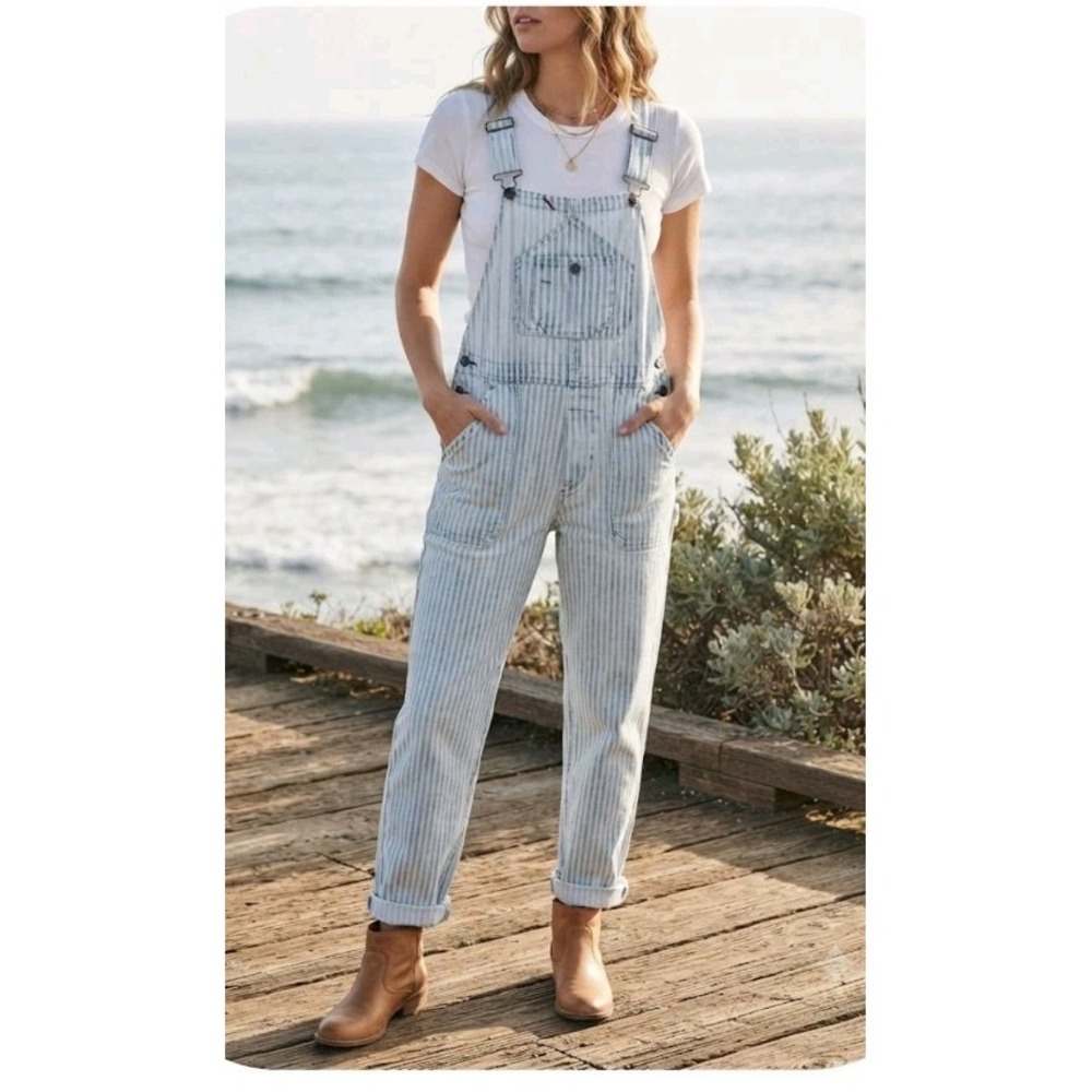 Faherty Brand Striped Herringbone Denim Bib Overalls Pants Medium Boho